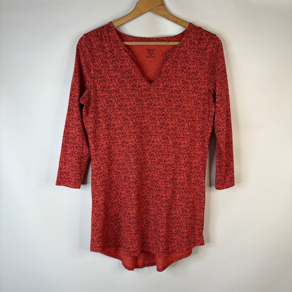 Toad&Co Tunic Top Women Medium Red Geometric Print 3/4 Sleeve V-Neck Eco